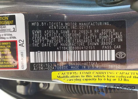 2011 Toyota Avalon from USA, damaged, VIN 4T1BK3DB9BU412151